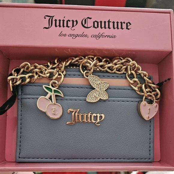NWT Juicy Couture Blue Card Holder with Gold Zipper & Accents - Picture 2 of 3